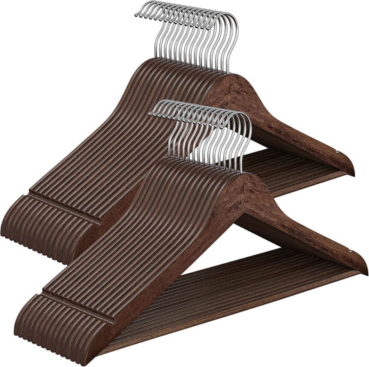 Wooden Hangers, Pack of 30, Coat Hangers, Pants Bar, 360° Swivel Hooks, Solid Birch Wood, Space Saving, for Jackets, Shirts, Coats, Walnut Brown UCRW030K02