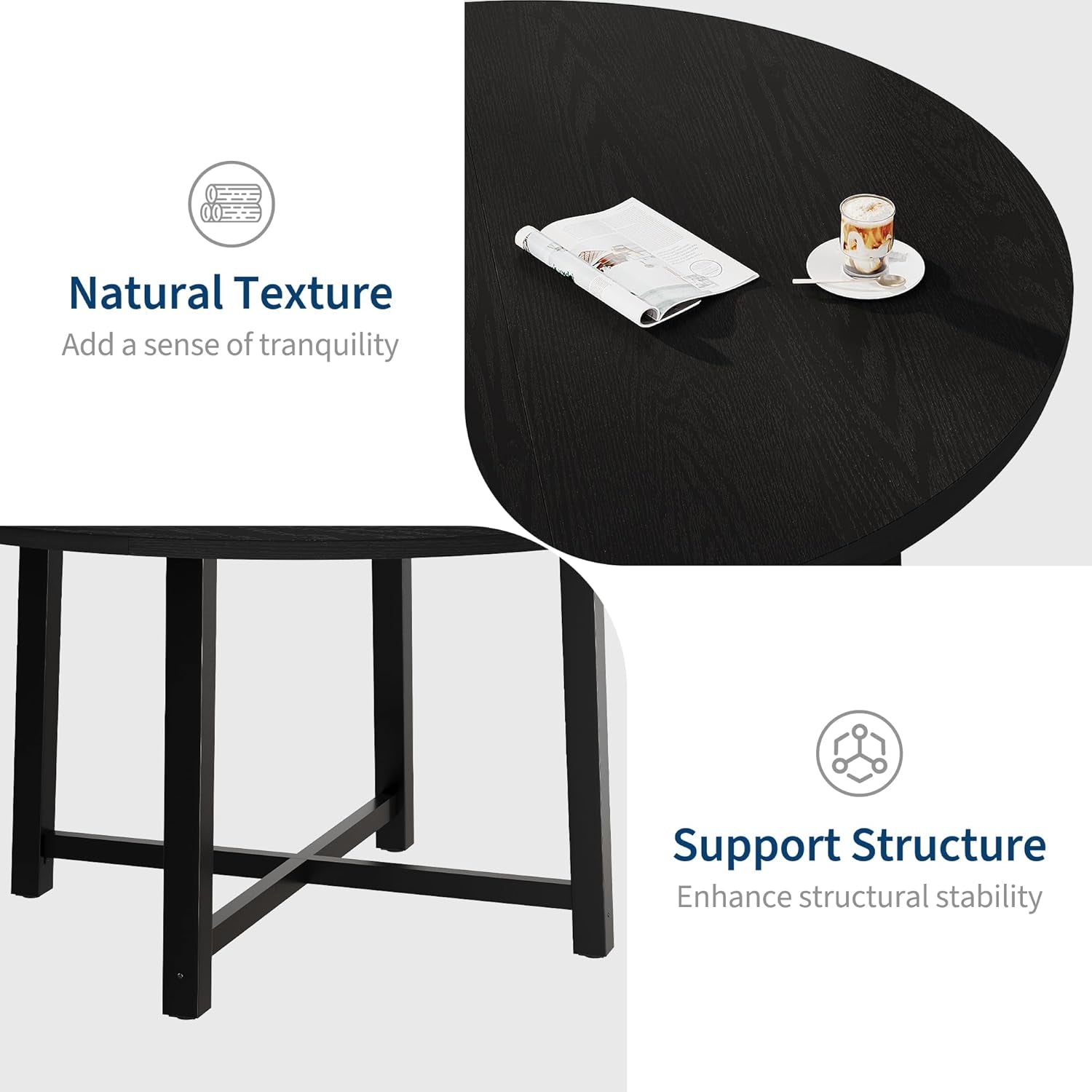 47" round Dining Table for 4, Kitchen Dining Room Table with Sturdy Metal Frame, Wood Circle Kitchen Table for Space Saving -Black