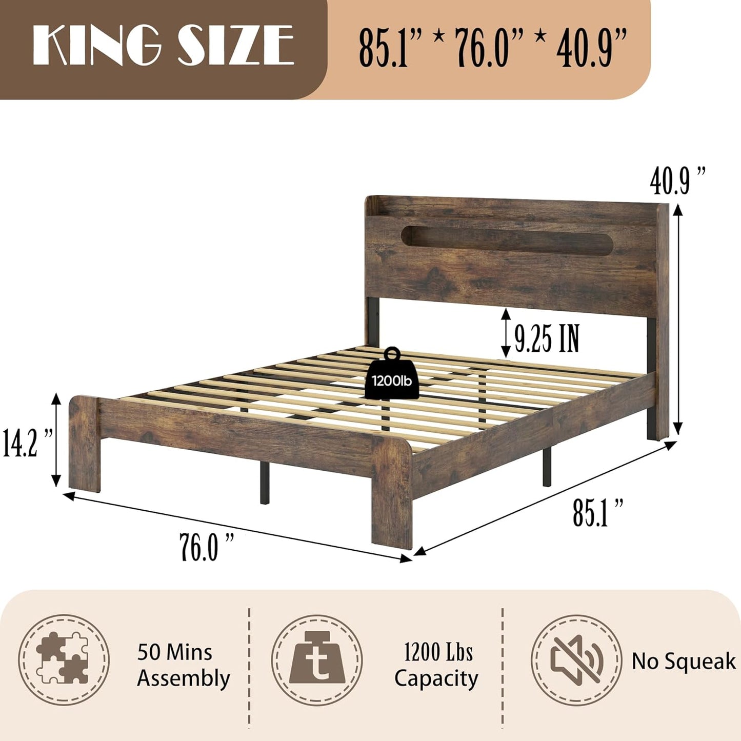 Wooden King Size Bed Frame with Storage Headboard, Farmhouse Platform Bedframe with Charging Station & Led Lights, Sturdy Wood Slat Framework, Easy Assembly (Rustic Brown Led)