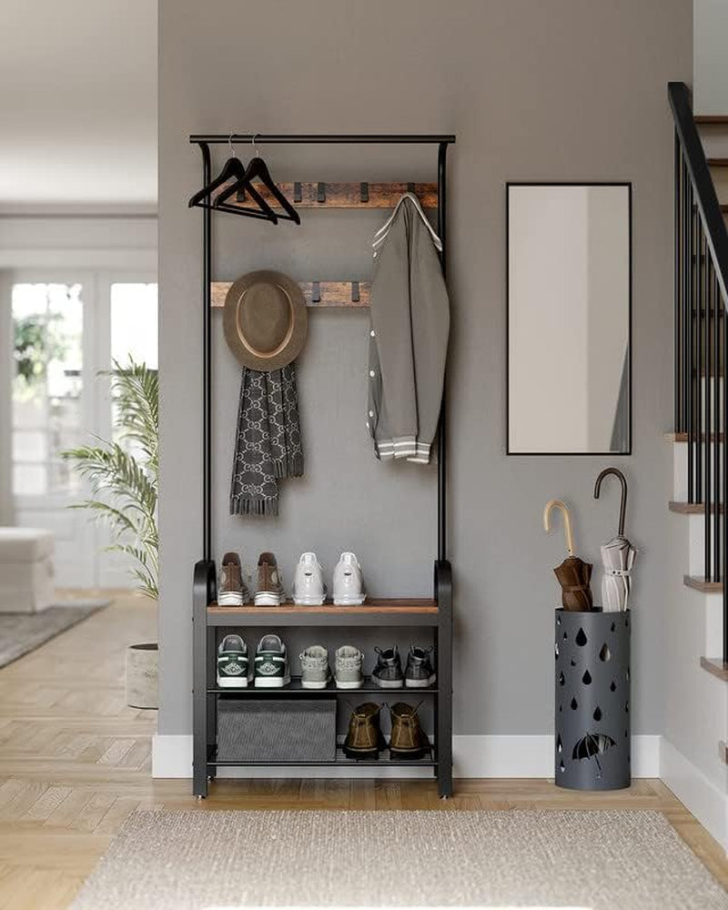 Coat Rack, Hall Tree with Shoe Bench for Entryway, Entryway Bench with Coat Rack, 4-In-1, with 9 Removable Hooks, a Hanging Rod, 13.3 X 33.1 X 72.1 Inches, Greige and Black UHSR400B02