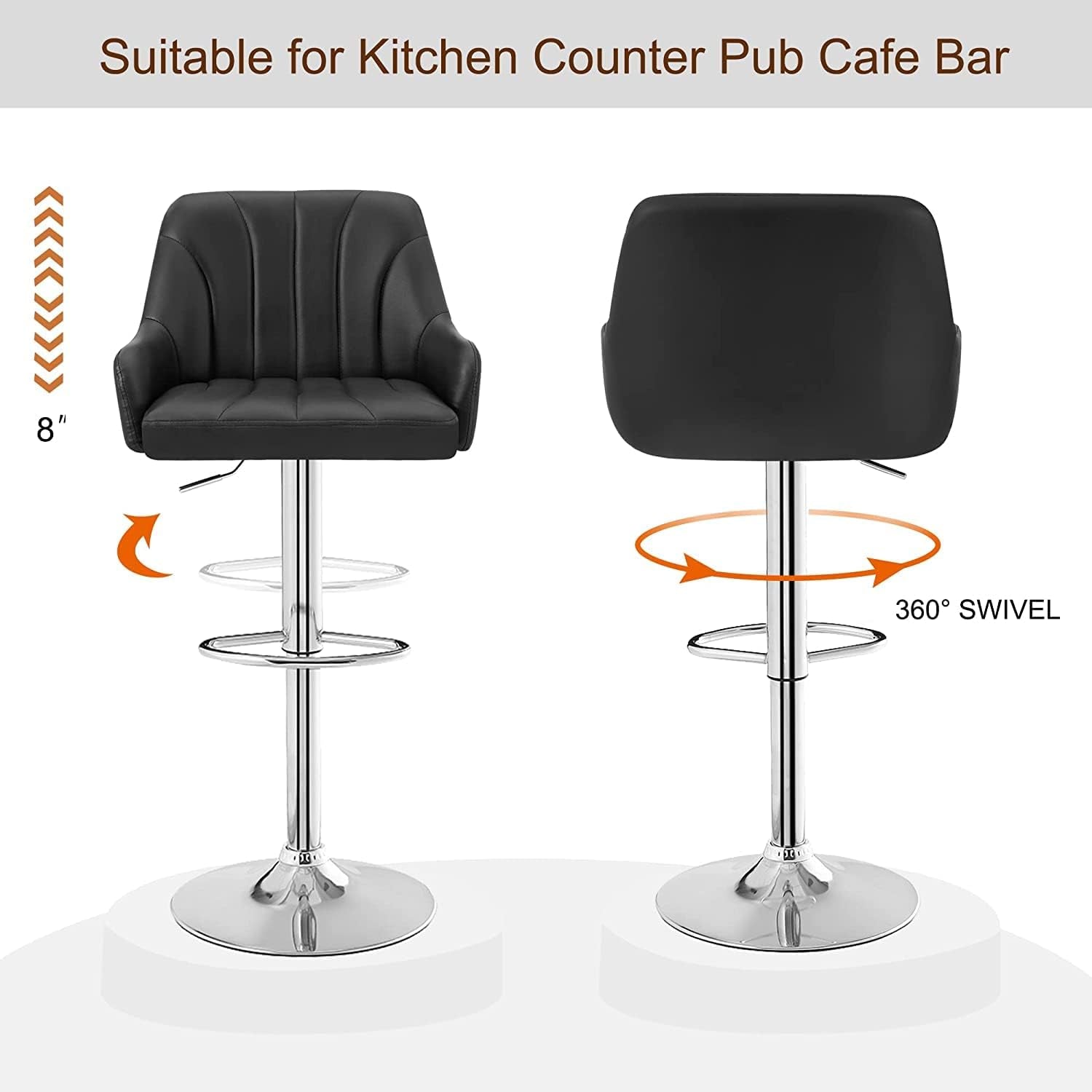 Bar Stools Set of 2, Adjustable Barstools, Counter Height Stools with Back and Arm, Kitchen Island Stools, Swivel PU Chairs for Pub, Dining Room, Modern Style, Black