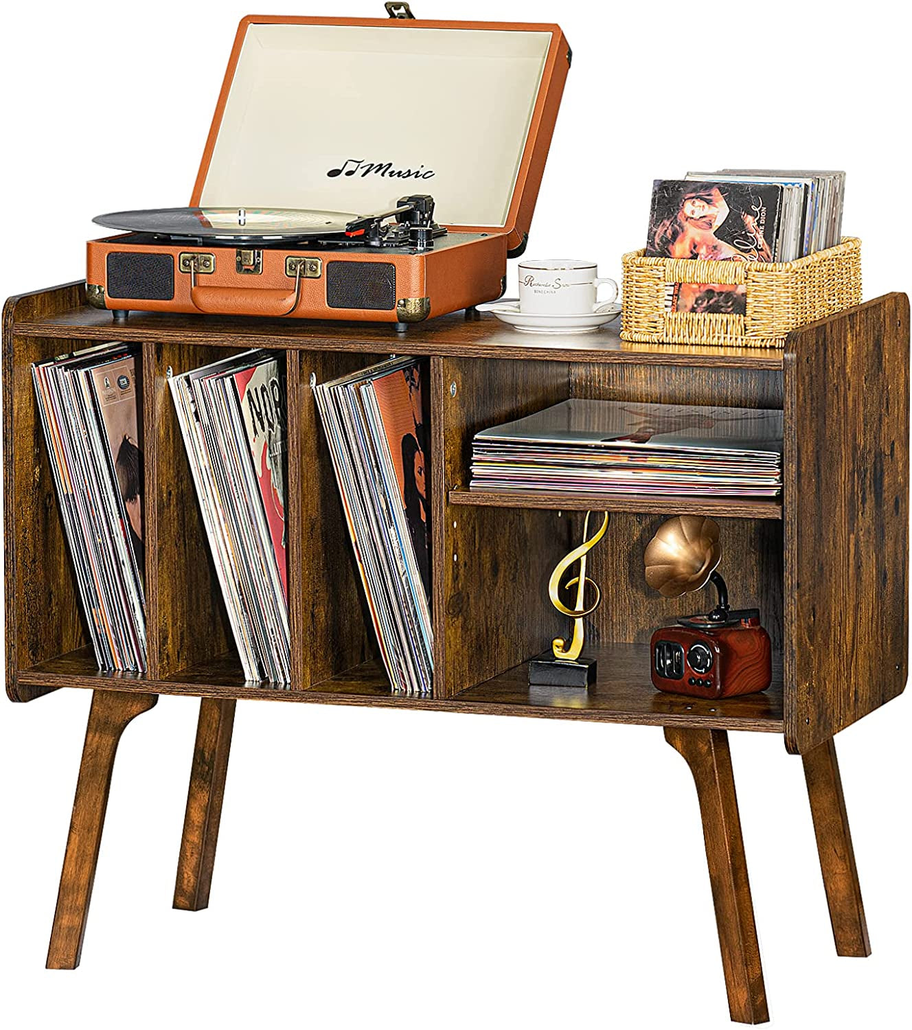 Record Player Stand with 4 Cabinet Holds up to 220 Albums, Large Turntable Stand with Beech Wood Legs, Mid-Century Record Player Table,Brown Vinyl Holder Storage Shelf for Bedroom Living Room