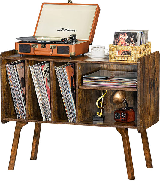 Record Player Stand with 4 Cabinet Holds up to 220 Albums, Large Turntable Stand with Beech Wood Legs, Mid-Century Record Player Table,Brown Vinyl Holder Storage Shelf for Bedroom Living Room