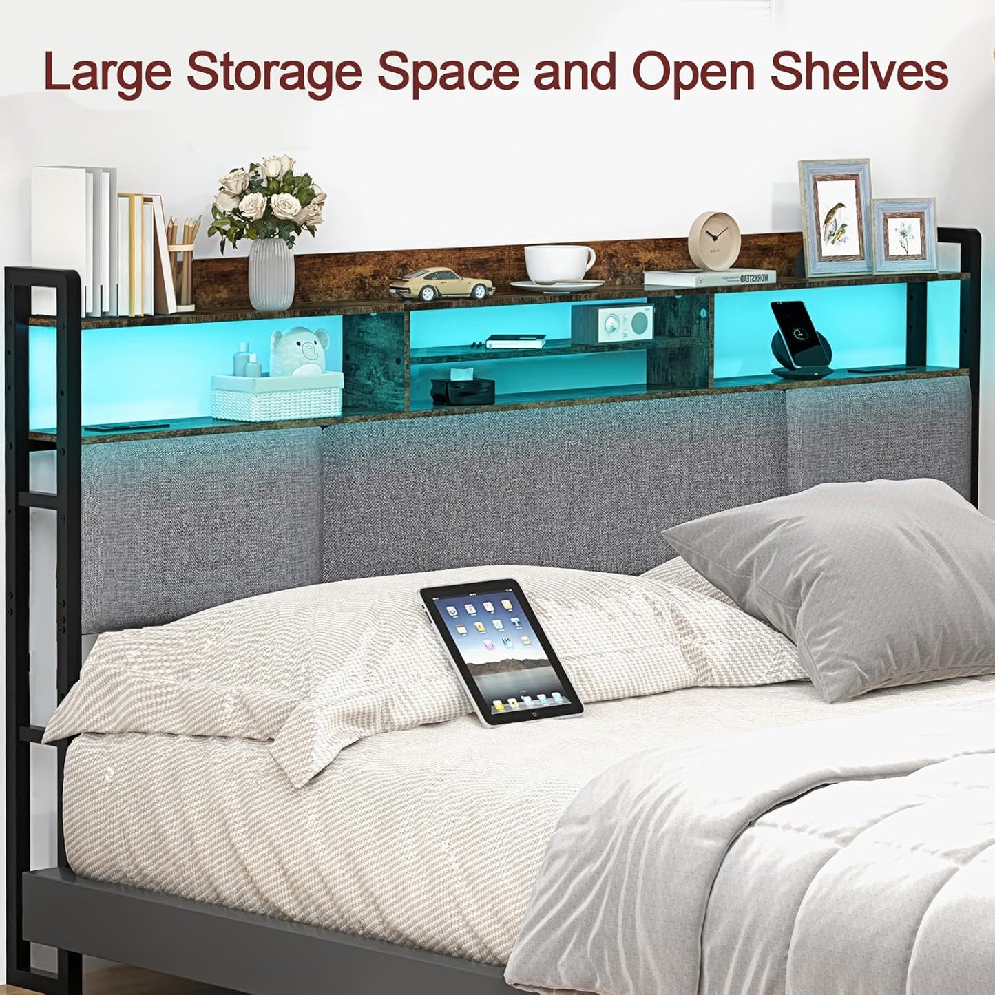 King Size Upholstered Headboard with 2 Outlets and LED Lights, King Bed Headboard with Charging Station & Storage Shelves, King Headboard Only, Height Adjustable, Easy Assembly, Brown
