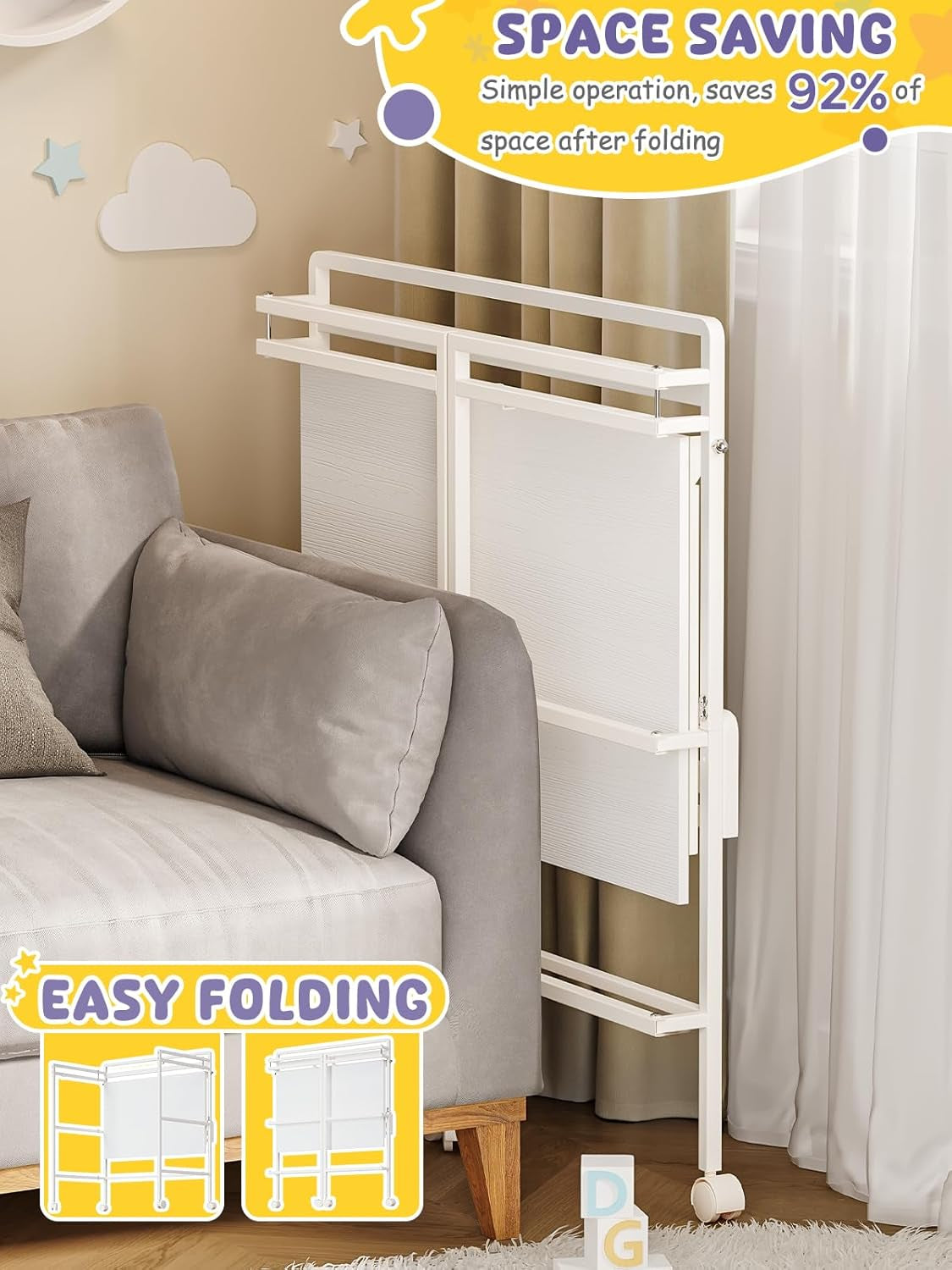 Foldable Baby Changing Table with Wheels, Certified Diaper Changing Station with Storage Drawers, 3 in 1 Portable Compact Diaper Table for Nursery, White