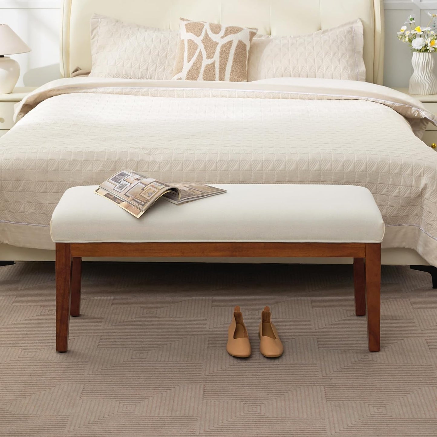 43.5'' Linen Bedroom Bench, Upholstered End of Bed Bench, Padded Vintage Dining Bench, Entryway Bench with Solid Wood Legs, Kitchen, Living Room, Hallway, White