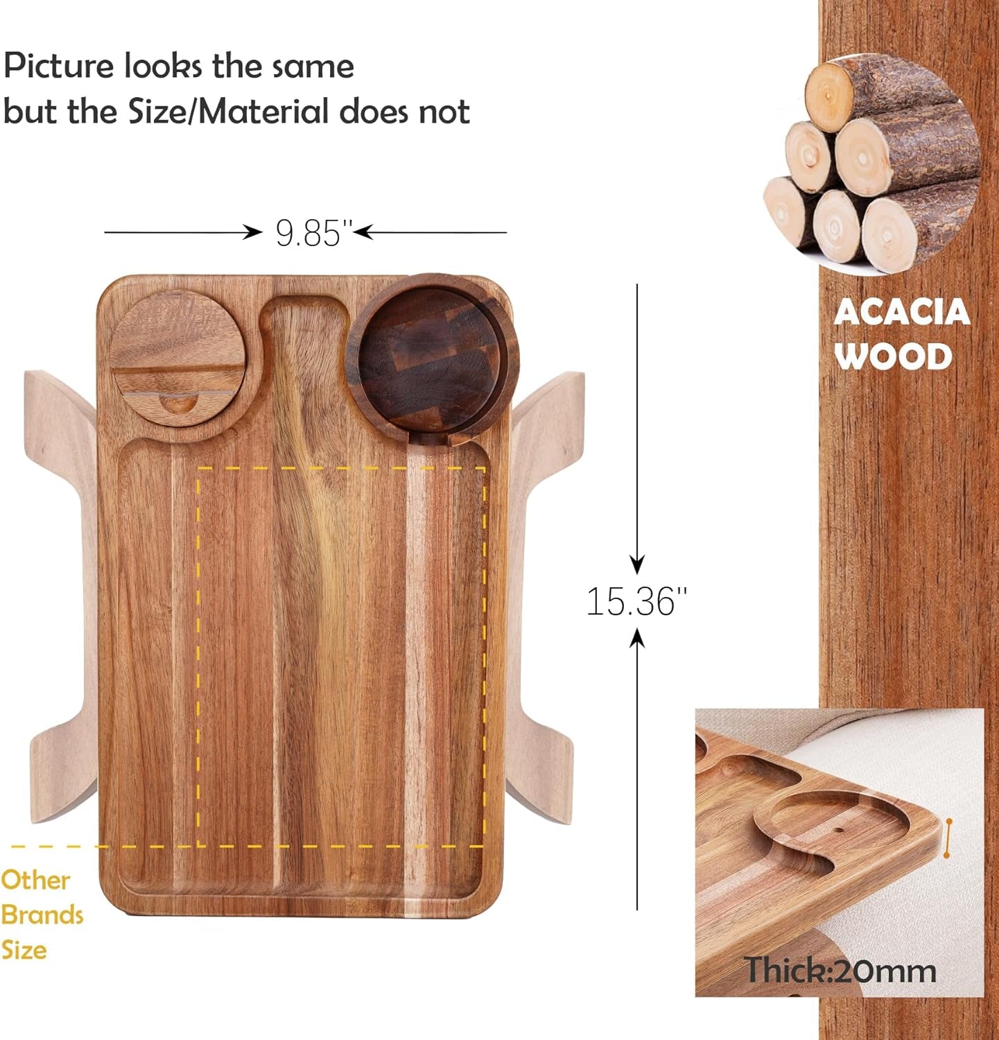 Couch Cup Holder Tray, 3 in 1 Large 15.36"X9.85" Acacia Wood Sofa Arm Clip on Tray Table with 360°Rotated Phone Holder on Armrest
