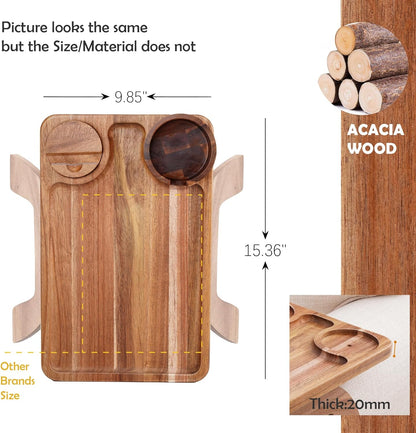 Couch Cup Holder Tray, 3 in 1 Large 15.36"X9.85" Acacia Wood Sofa Arm Clip on Tray Table with 360°Rotated Phone Holder on Armrest