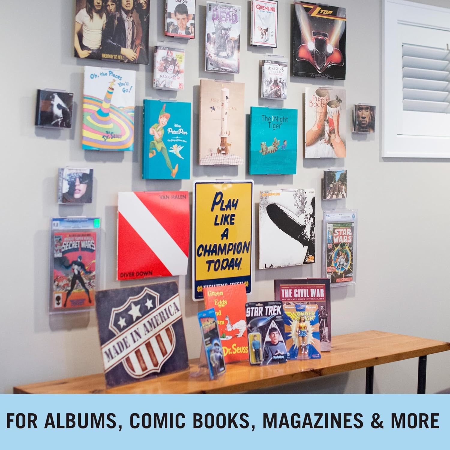 Album Mount 5 Pack Wall Mount Album Frame Brackets or Shelf Stand, Adjustable, Clear to Display Vinyl Records