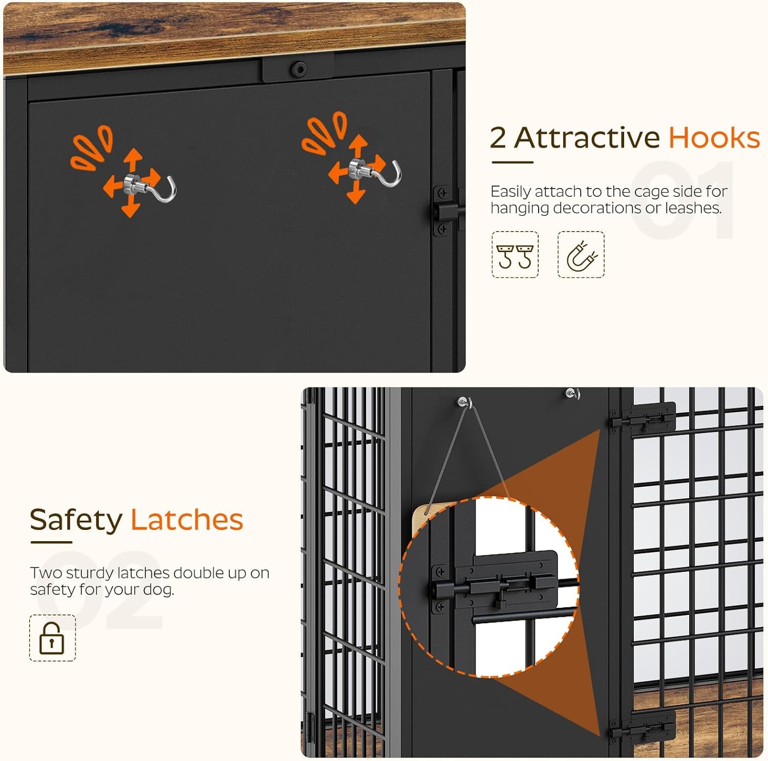 Foldable Dog Crate Furniture, Dog Crate with DIY Frame, Heavy Duty Dog Kennel Indoor with Hooks, Wooden Dog Cage End Table, for Small/Medium Dogs, Rustic Brown and Black DC95BR