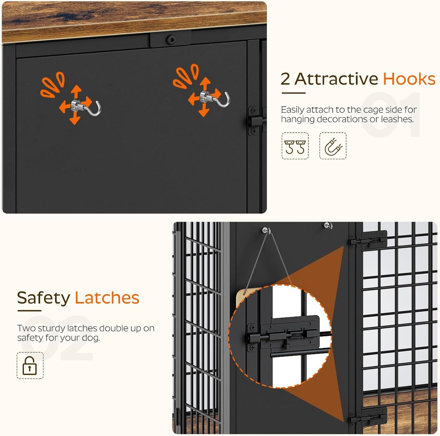 Foldable Dog Crate Furniture, 47.2" Dog Crate with DIY Frame, Heavy Duty Dog Kennel Indoor with Hooks, Wooden Dog Cage End Table, for Small/Medium/Large Dogs, Rustic Brown DC120BR