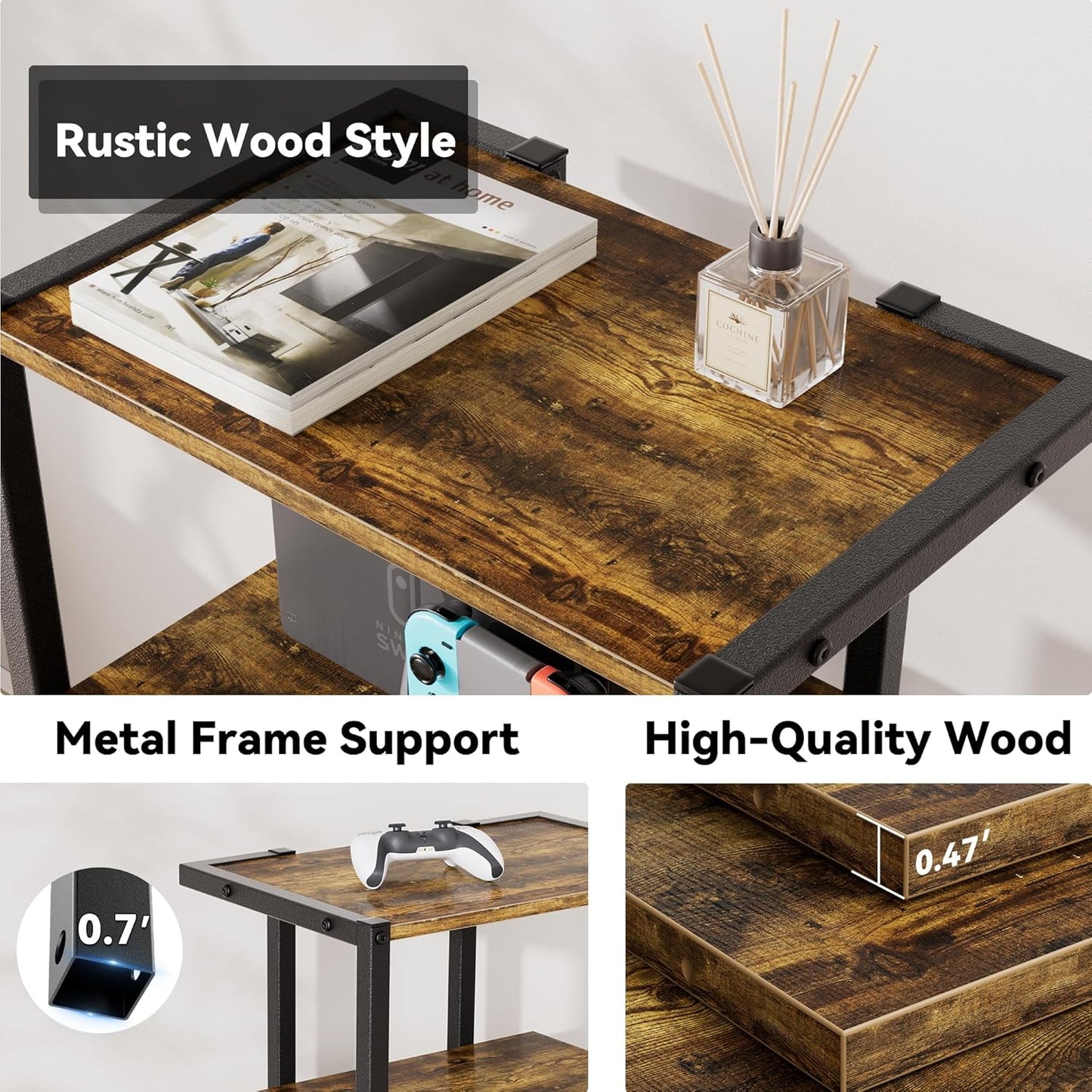 AV Media Stand with Wheels, 4-Tier Game Console Shelf, Rolling Media Cart for Small Space, Stereo Racks and Stands, Ideal for Record Player, Game Console, DVD Player, and Projector, Wood