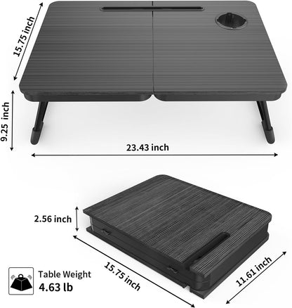 Portable Foldable Laptop Desk for Bed and Couch, Adjustable Lap Desk with Cup Holder and Phone Holder, Ideal for Working, Reading, Writing, and Breakfast (Black)