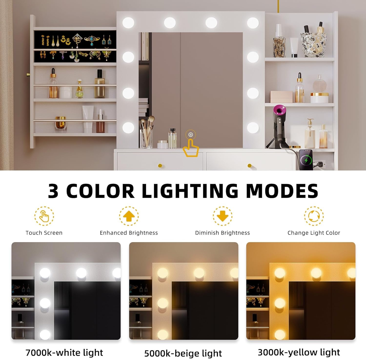 Makeup Vanity Desk with Mirror, LED Light and Power Outlet, Vanity Set with Hidden Jewelry Storage, 5 Drawers and Lots Shelves, Adjustable 3 Lighting Colors, Dressing Table with Stool, White