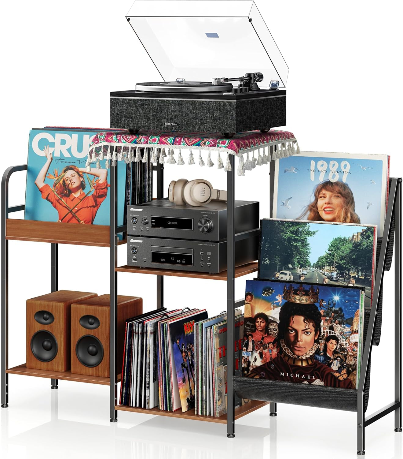 Vinyl Record Stand, 3-Tier Record Player Table with Left and Right Storage for Living Room Bedroom