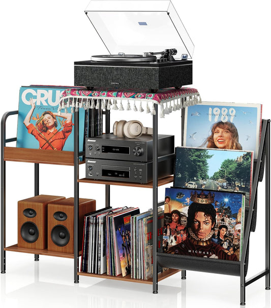 Vinyl Record Stand, 3-Tier Record Player Table with Left and Right Storage for Living Room Bedroom