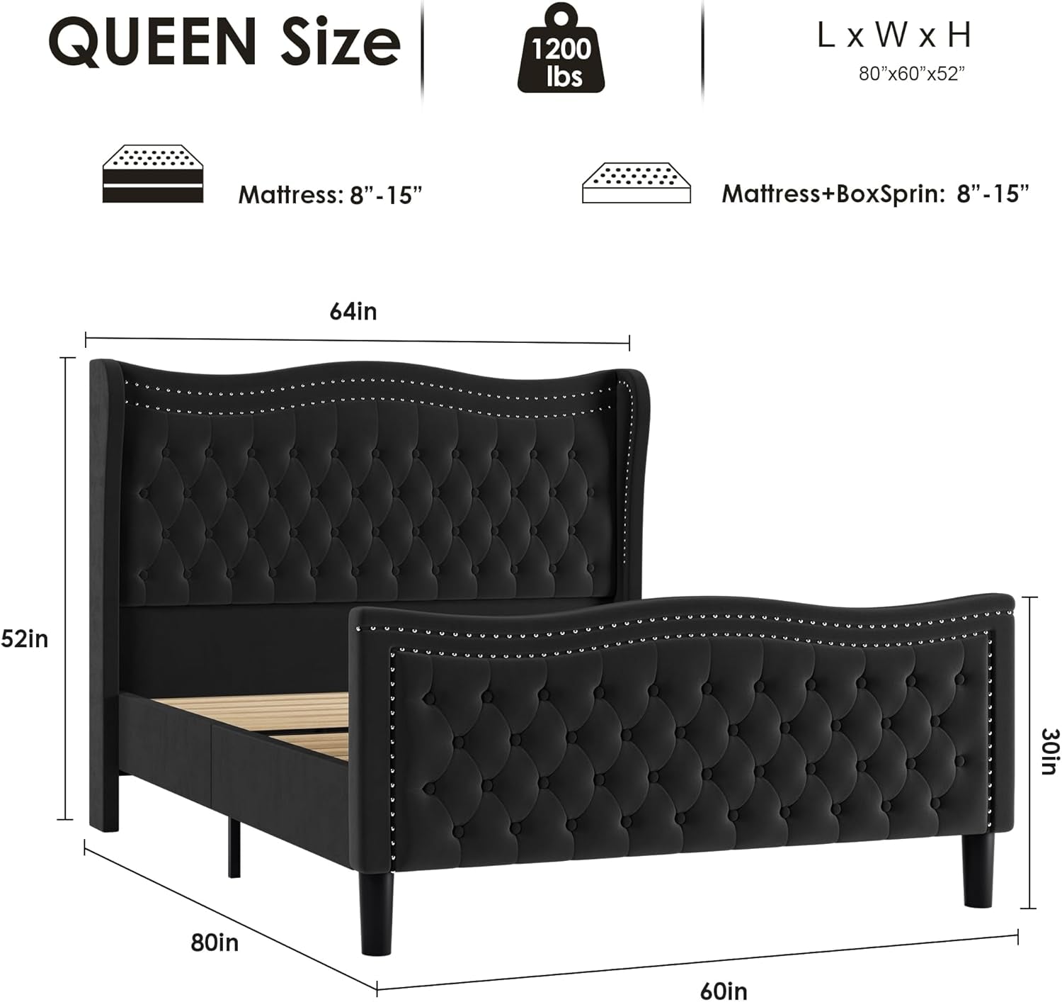 Queen Bed Frame with Tall Headboard & Footboard, Velvet Upholstered Platform Bed Frame with Deep Button Tufted Wingback, No Box Spring Needed, Noise Free, Black