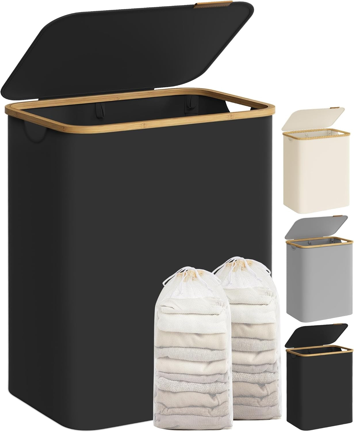 Laundry Hamper with Lid, Large Laundry Basket, 23.8 Gallons (90L), Removable Mesh Liner, Bamboo Handles, Collapsible, 16.5 X 12.6 X 27.8 Inches, Ink Black ULCB509B01