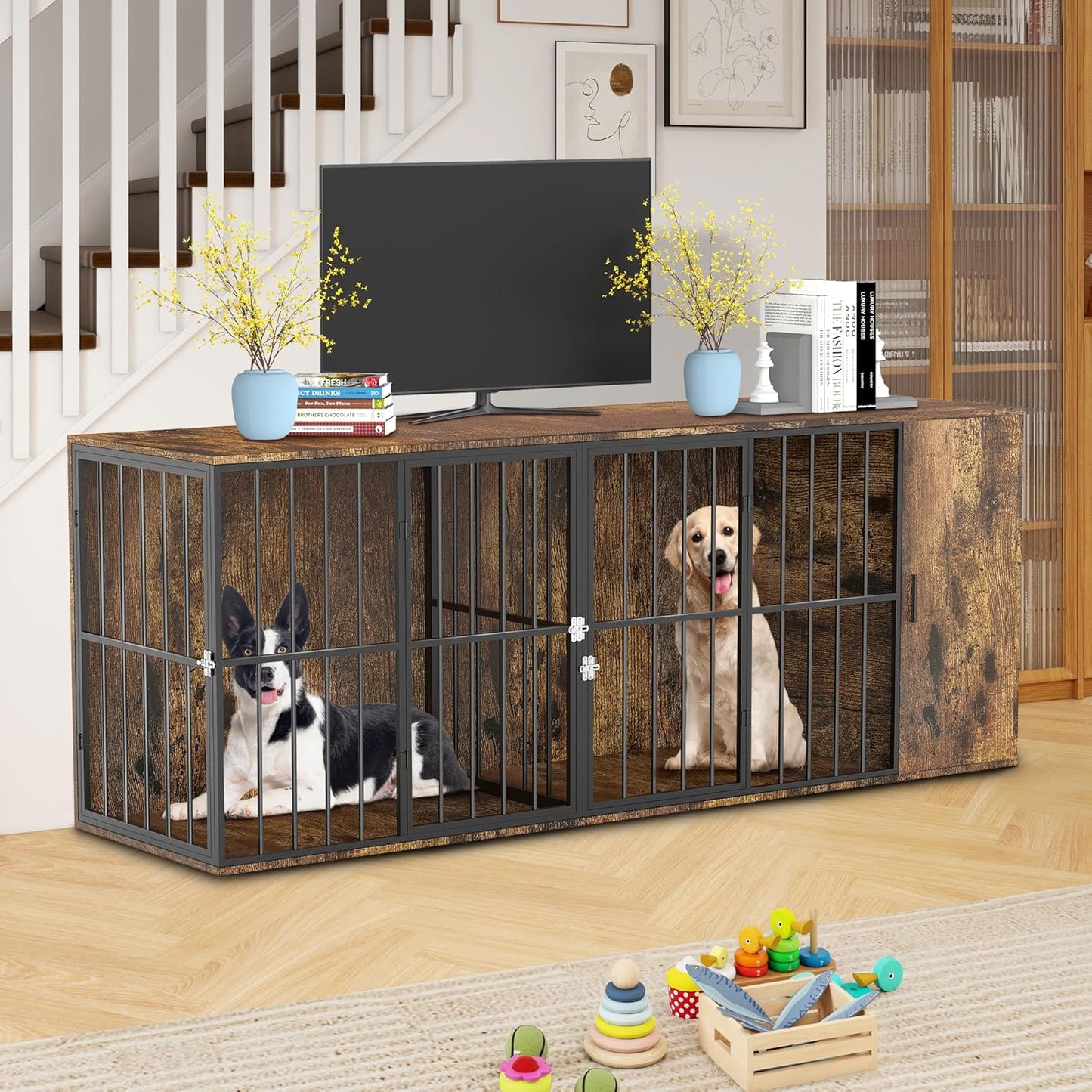 Dog Cage Furniture for 2 Dogs,Large Wooden Crate Furniture TV Stand,Large Crate Furniture with Cabinet and Removable Divider,Indoor Dog House,Pet Storage Cabinet