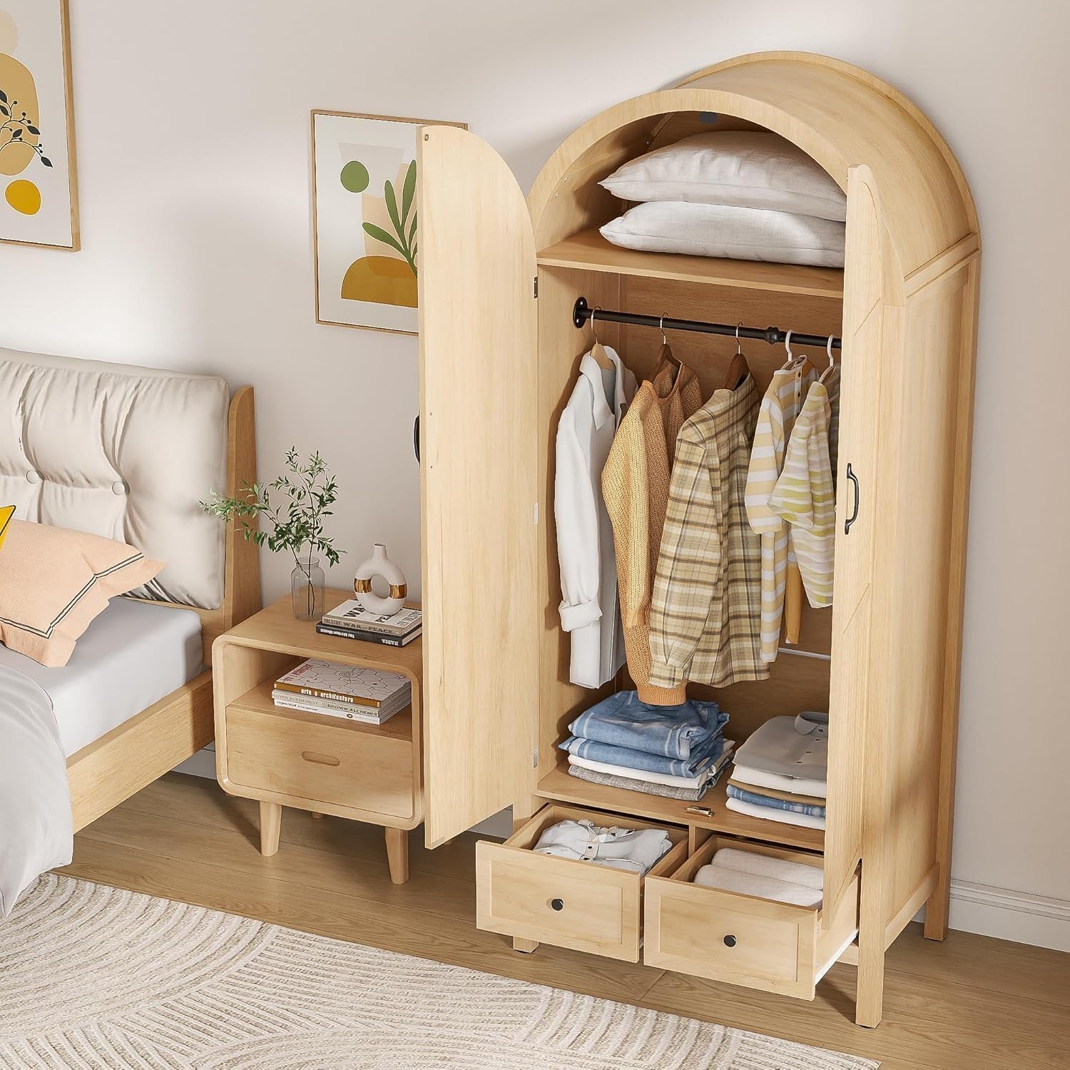 Wardrobe Closet, Armoire Wardrobe Closet with Drawers and 2 Arched Fluted Doors, 70.87‘’ Tall Wooden Bedroom Armoires with Shelves and Hanging Rod (1, Wood Color)