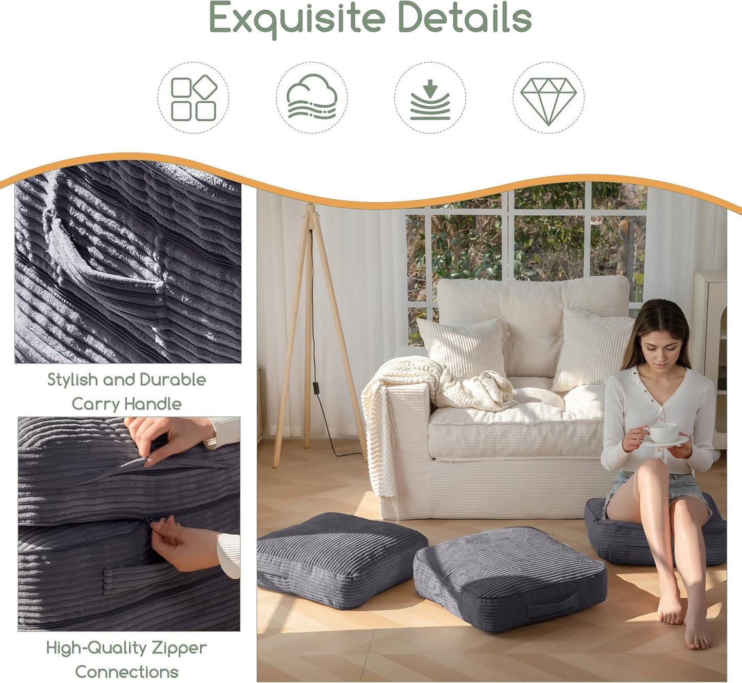 Pouf Ottoman Stuffed Square Modern Foam Filled Foot Rest Poufs 20 X 18 Inches Modular Ottomans Separated into Floor Cushions for Living Room Chair Decorative Stool, Dark Grey