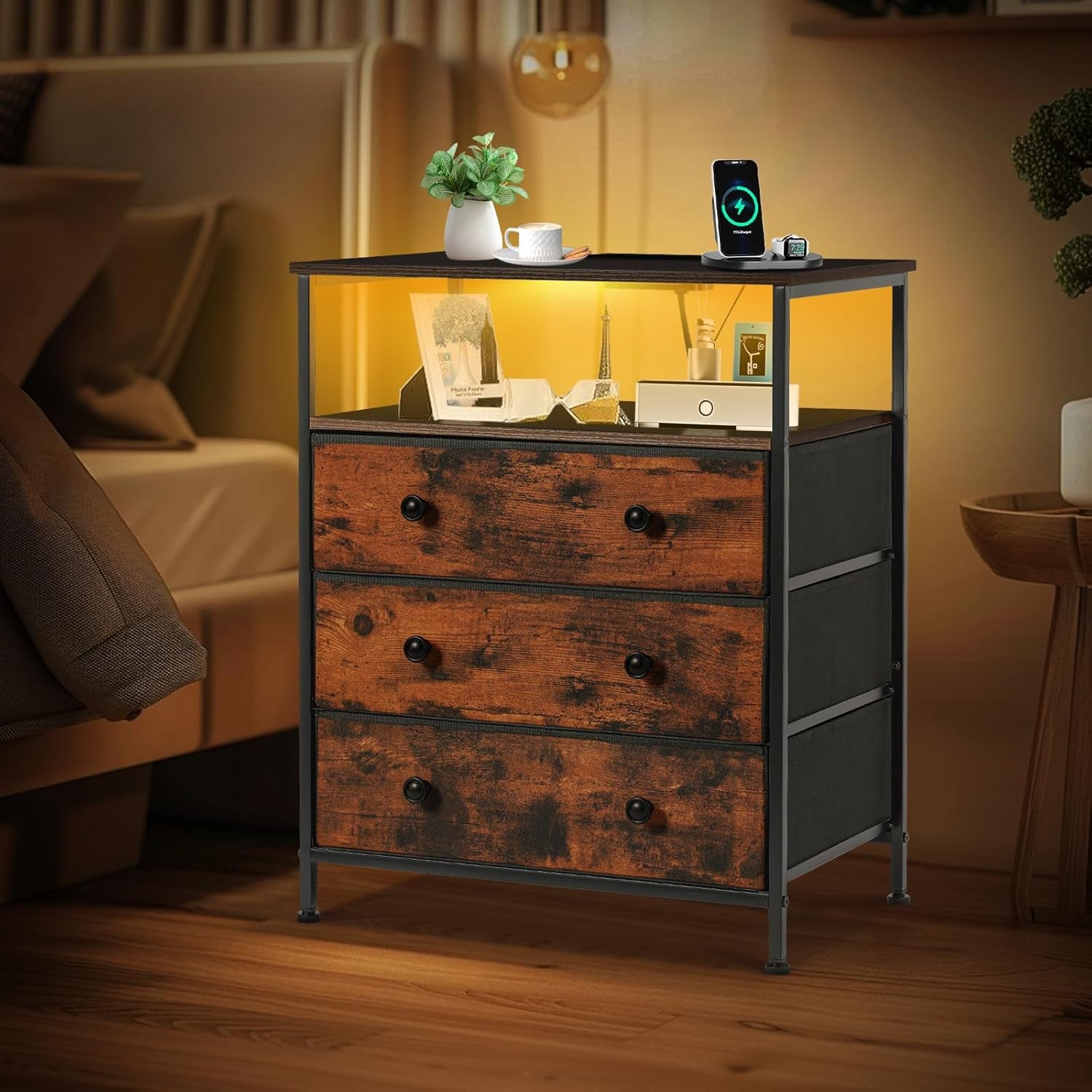 3 Drawers Dresser with Charging Station, 24 Inch Wide LED Night Stand with Adjustable Fabric Drawer, Nightstand with Storage Shelf for Living Room/Bedroom/Office, Rustic Brown.