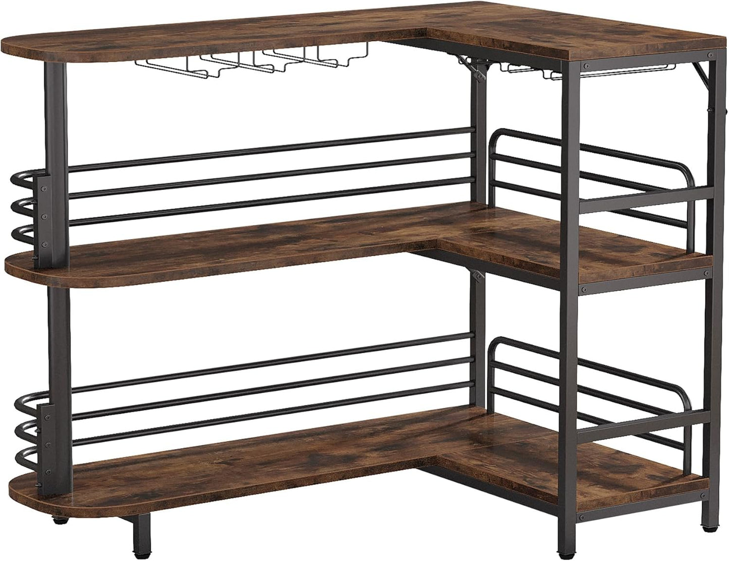 L-Shaped Home Bar Unit, 3 Tier Liquor Table with Storage Shelves and Wine Glasses Holder, Industrial Corner Wine Cabinet Mini Bar for Home Kitchen Pub, Rustic Brown