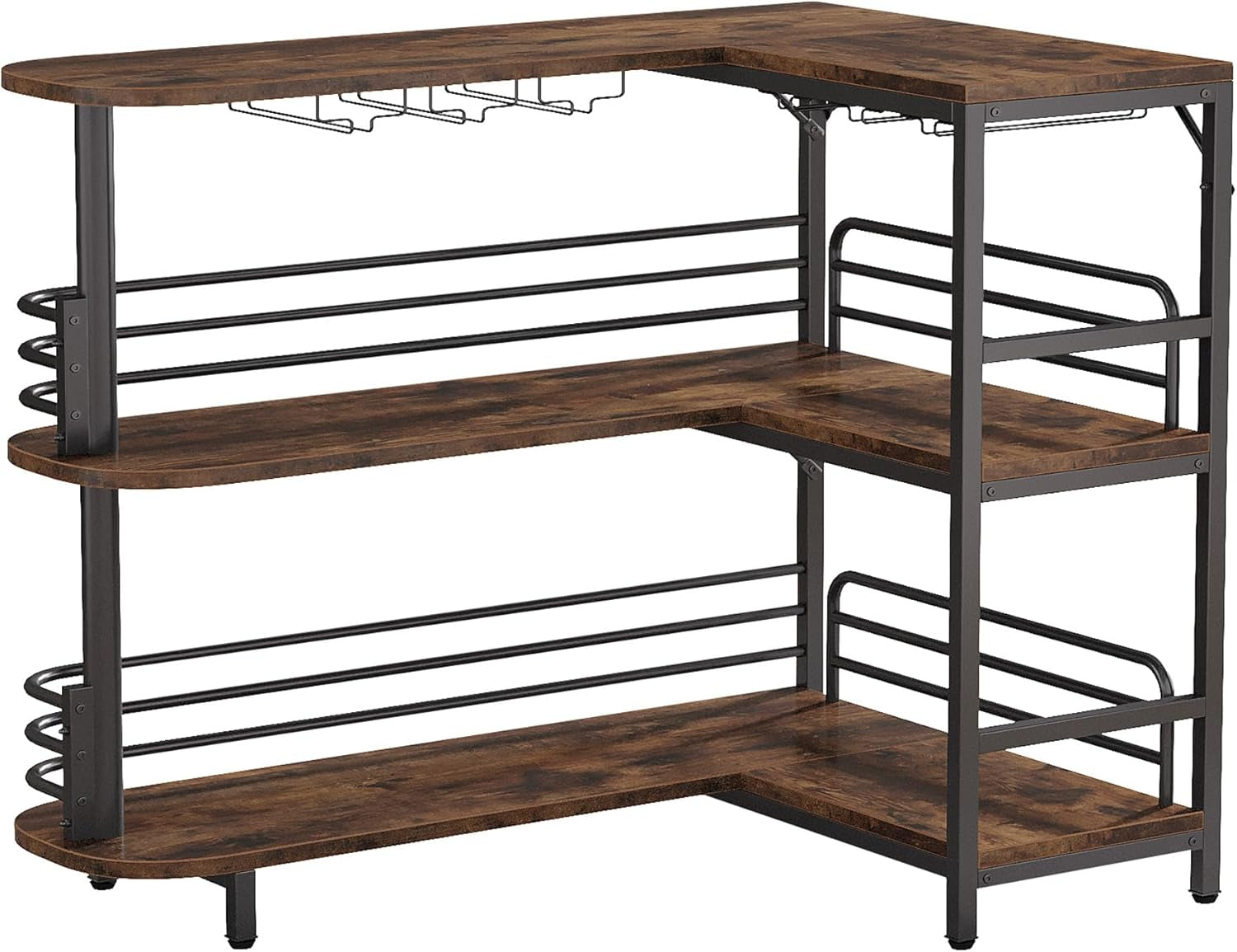L-Shaped Home Bar Unit, 3 Tier Liquor Table with Storage Shelves and Wine Glasses Holder, Industrial Corner Wine Cabinet Mini Bar for Home Kitchen Pub, Rustic Brown