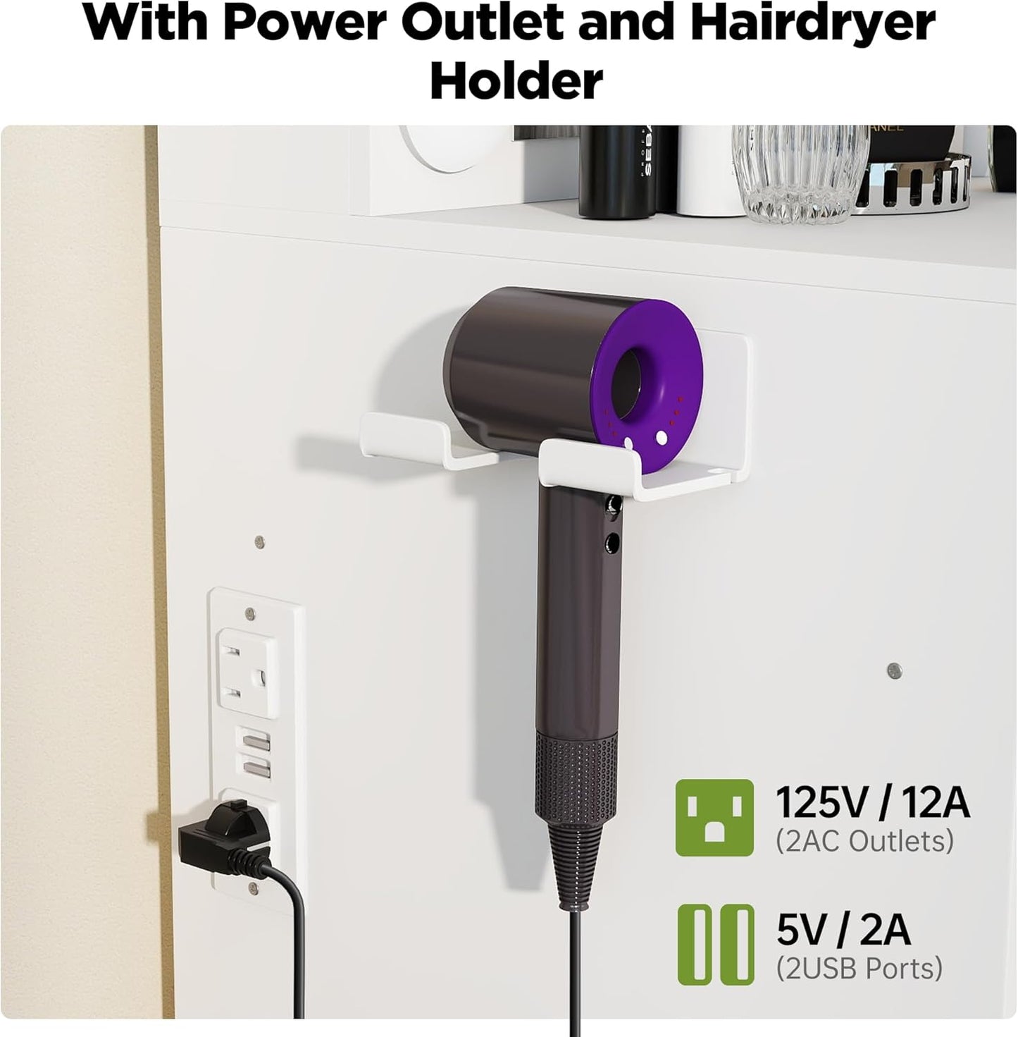 Makeup Vanity Desk with Lights, 41”Large Mirror, 12 Adjustable 3 Color LED Bulbs, 5 Drawers, Charging Outlet, Hairdryer Holder, Suitable for Girls' Makeup Vanity,White