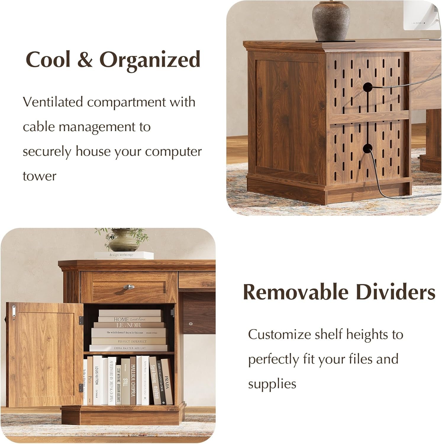 59" Classic Executive Desk with Storage, Victorian Executive Desk with Charging Station, Keyboard Tray, 3 Drawers & 2 Cabinet Storage & 2 Pedestals, Easy Assembly, Dark Walnut