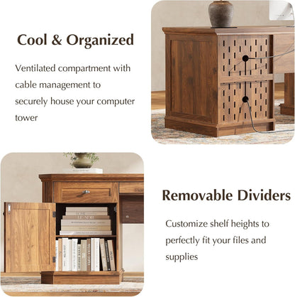 59" Classic Executive Desk with Storage, Victorian Executive Desk with Charging Station, Keyboard Tray, 3 Drawers & 2 Cabinet Storage & 2 Pedestals, Easy Assembly, Dark Walnut