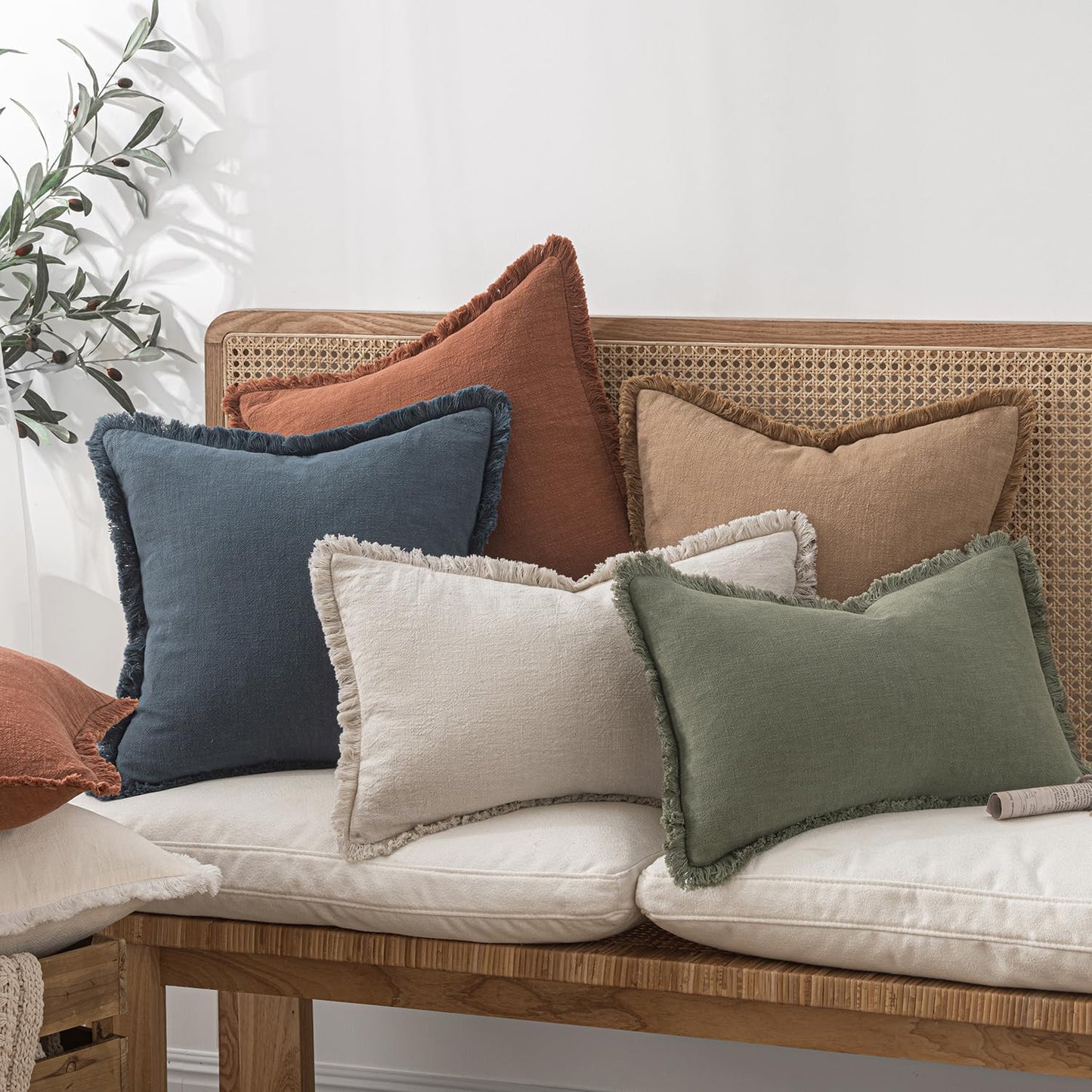 Christmas Decorative Throw Pillow Covers Neutral Linen Fringe Fall Throw Pillows Set of 2 Natural Beige Boho Farmhouse Cushion Covers with Tassels for Couch Sofa Bed Home Decor 20X20 Inch