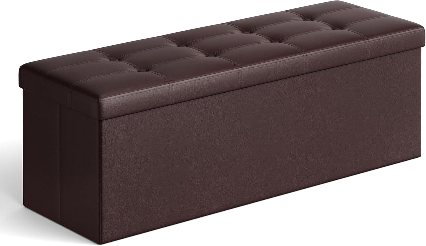 MAZIE Collection - 43 Inches Folding Storage Ottoman Bench, Ottoman with Storage, Foot Rest Stool, Load 660 Lb, for Living Room, Synthetic Leather, Black ULSF701