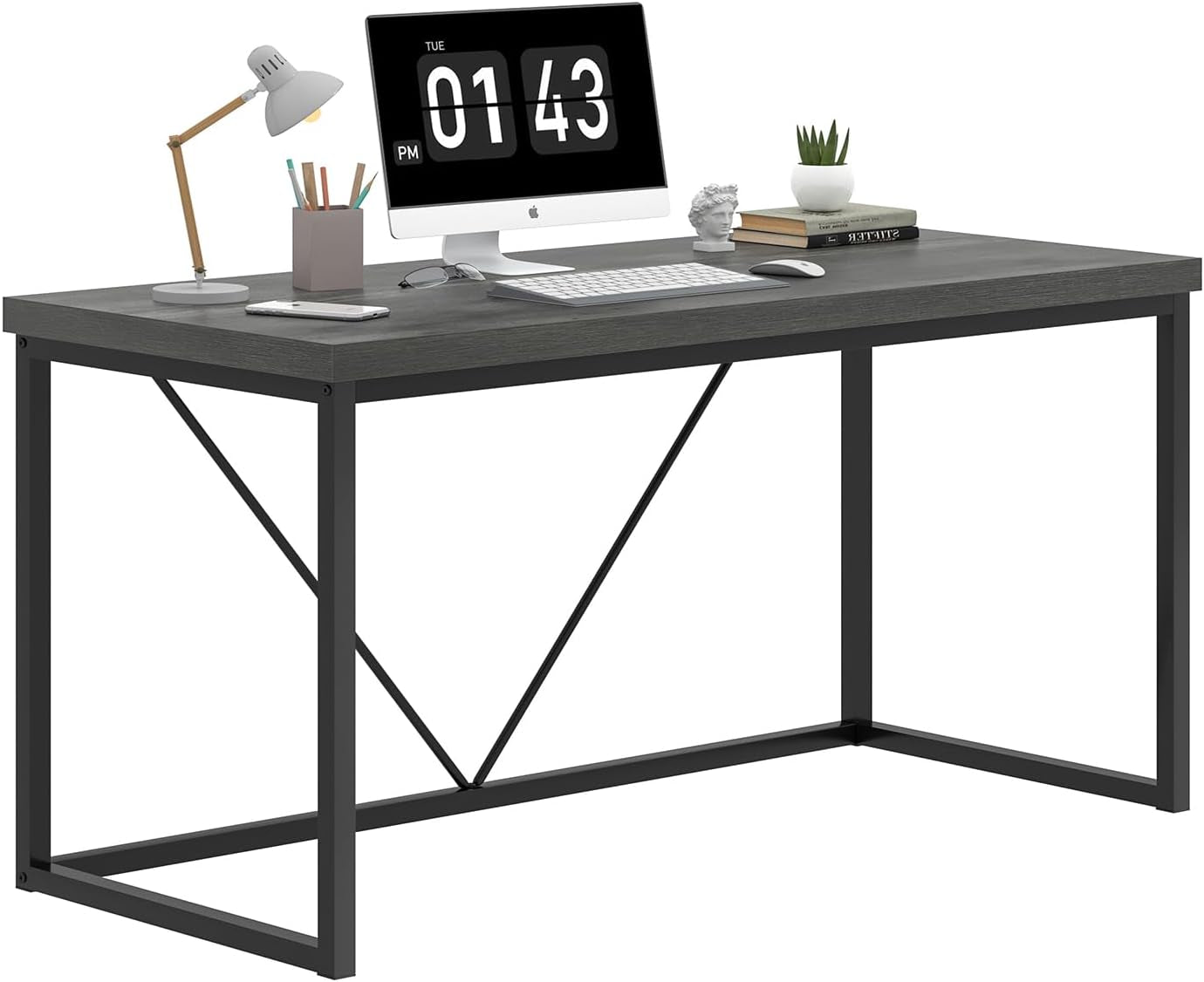 Modern Home Office Desk, Wood and Metal Computer Desk, Industrial Writing Study Gaming Table for Living Room Bedroom, Rustic Grey, 53 Inch