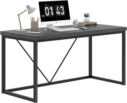Modern Home Office Desk, Wood and Metal Computer Desk, Industrial Writing Study Gaming Table for Living Room Bedroom, Rustic Grey, 53 Inch
