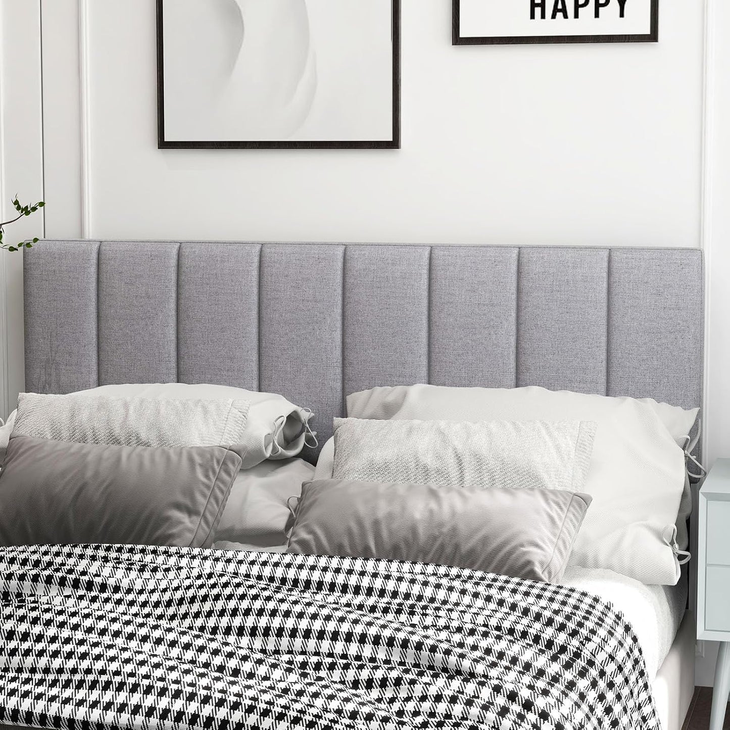 Linen Upholstered Headboard for Full & Queen Size Bed, Vertical Channel Tufted Rectangular Headboard with Solid Wood Legs & Adjustable Width, Padded Bed Backboard, Easy Assembly (Gray)