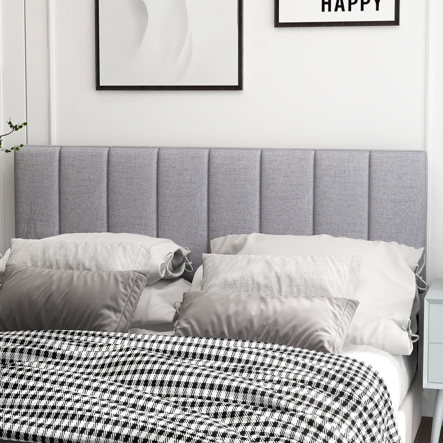 Linen Upholstered Headboard for Full & Queen Size Bed, Vertical Channel Tufted Rectangular Headboard with Solid Wood Legs & Adjustable Width, Padded Bed Backboard, Easy Assembly (Gray)