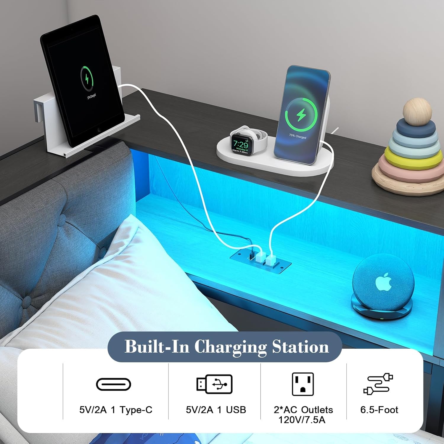 Corner Bed Frame with Storage Bookcase and LED Lights Twin Platform Bed Frame with Upholstered Headboard and Charging Station, Twin Daybed with 2 Storage Drawers, Dark Gray