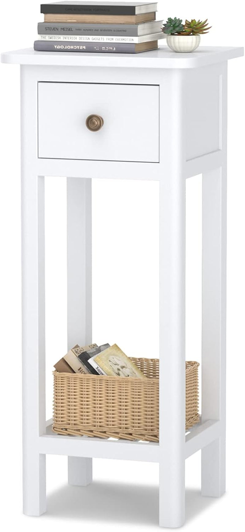 Tall End Table, Narrow Side Table with Drawer and Shelf, Acacia Wood Nightstand for Living Room, 2-Tier Bedside Table for Small Space, No Assembly, White