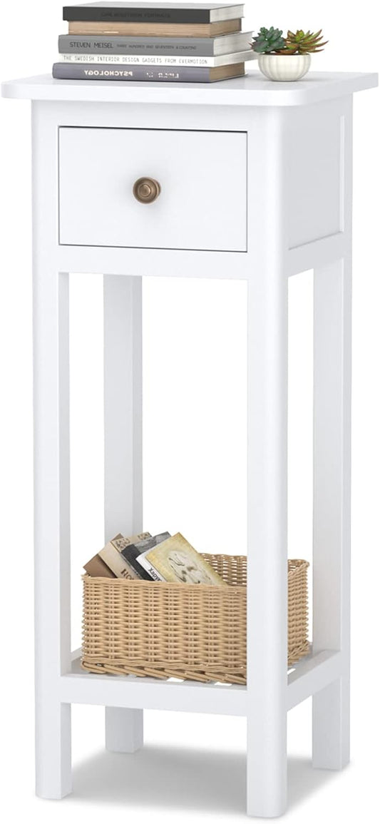 Tall End Table, Narrow Side Table with Drawer and Shelf, Acacia Wood Nightstand for Living Room, 2-Tier Bedside Table for Small Space, No Assembly, White