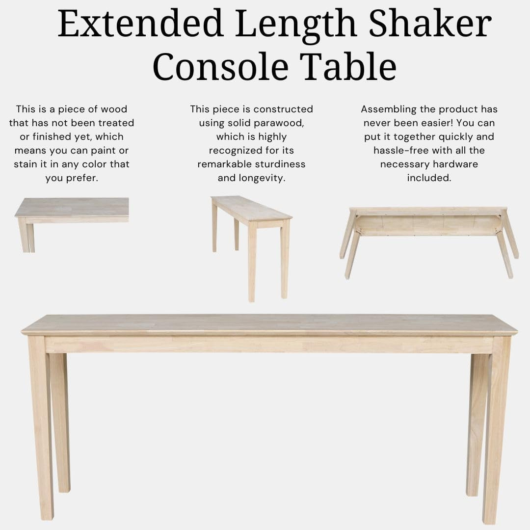 International Concepts Shaker Console Table, 72-Inch Long, Solid Parawood, Unfinished