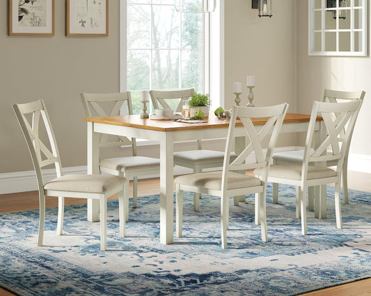 7-Piece Farmhouse Solid Wood Dining Table Set with 6 Upholstered Chairs, 60" Space Saving Dinner Table & Chairs Set, for Dining Room, Kitchen, Restaurant, Brown & White