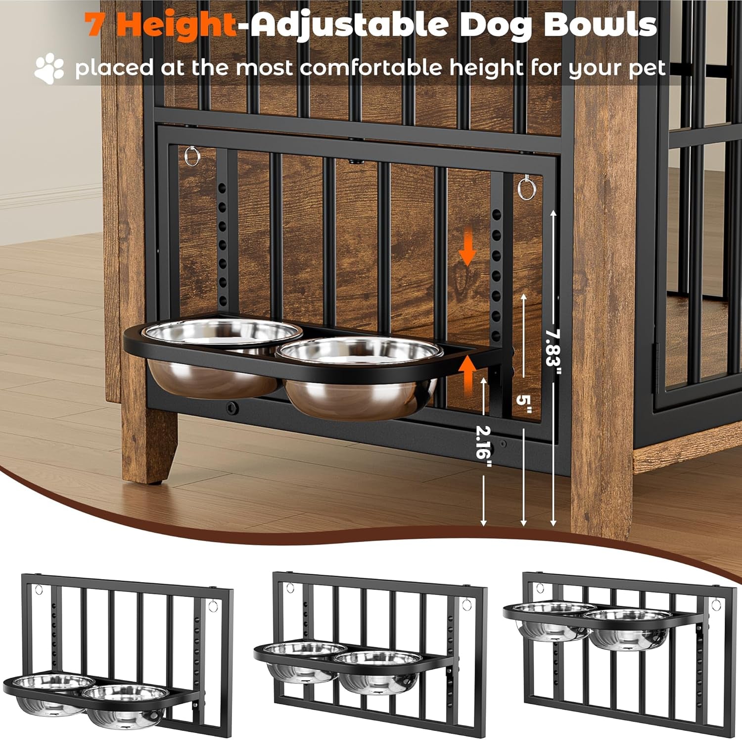 37.8" Dog Crate Furniture, Large Wooden Dog Kennel Indoor with 360°& Adjustable Raised Dog Bowls, Double Doors Furniture Decorative Side End Table Dog Cage for Medium Dogs, Grey