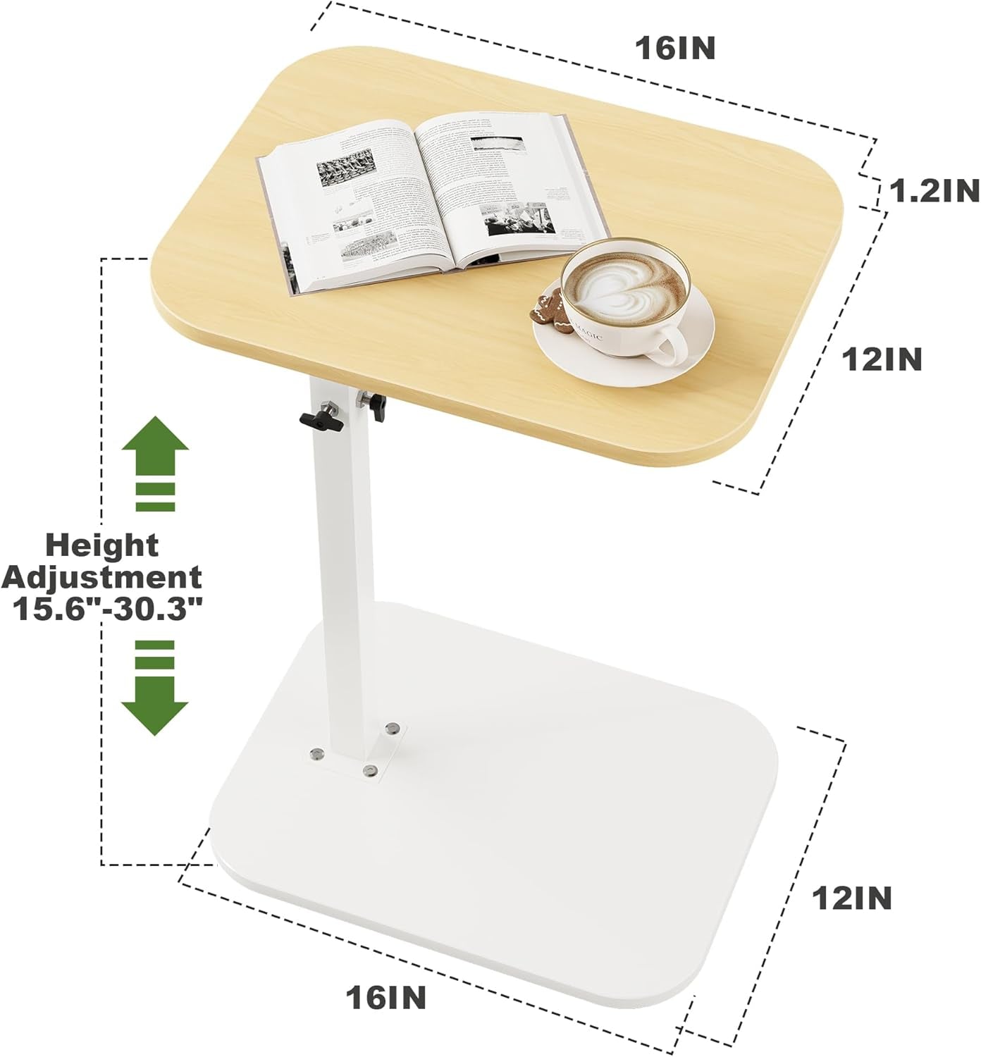 C Shaped End Table for Couch, Adjustable Height Couch Side Table, Horizontal 360°Swivel Small TV Tray Table Couch Side Tables That Slide under (Wood)