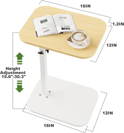 C Shaped End Table for Couch, Adjustable Height Couch Side Table, Horizontal 360°Swivel Small TV Tray Table Couch Side Tables That Slide under (Wood)