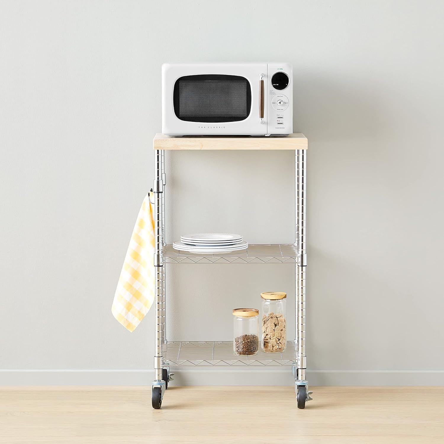Portable Kitchen 3-Tier Storage Rack on Caster Wheels with Adjustable 2 Shelves, 175 Pound Capacity, 21 X 15 X 36.7 Inches (Lxwxh), Wood/Chrome