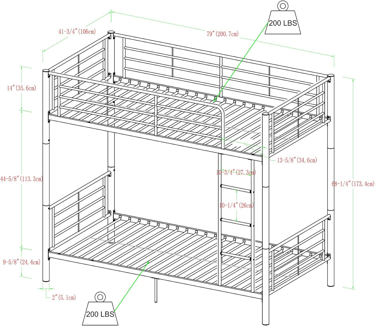 Elodie Urban Industrial Twin over Twin Metal Bunk Bed, Twin over Twin, Black