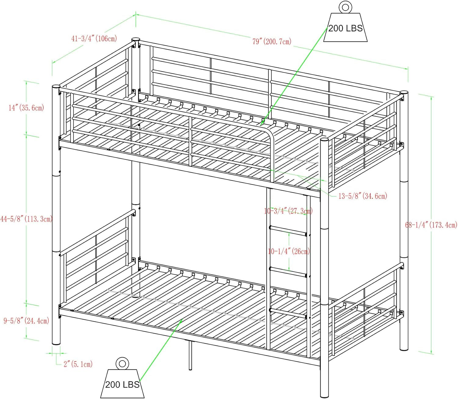 Elodie Urban Industrial Twin over Twin Metal Bunk Bed, Twin over Twin, Black