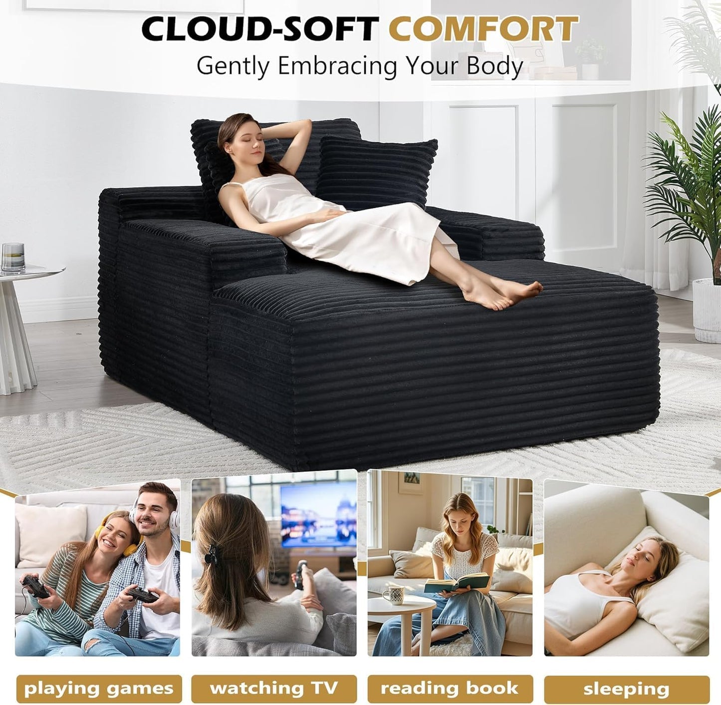67" Oversized Chise Lounge Chir Indoor, Corduroy Cloud Couch with 3 Pillows, Deep Set Sleeper Sof, No ssembly Required, Comfy Reding Chir for Living Room/Bedroom (Blck)