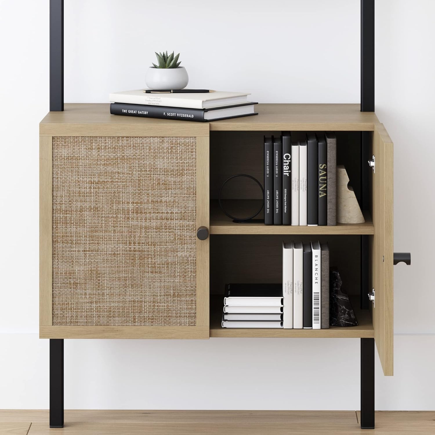 Theo Ladder 3 Tier Open Bookshelf with Rattan Drawers and Matte Steel Frame, Light Oak/Black